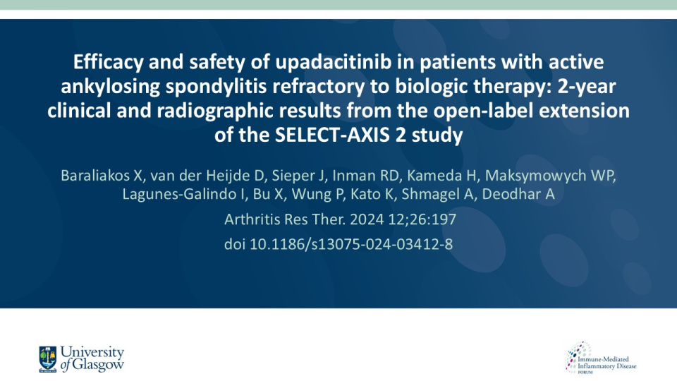 Publication thumbnail: Efficacy and safety of upadacitinib in patients with active ankylosing spondylitis refractory to biologic therapy: 2-year clinical and radiographic results from the open-label extension of the SELECT-AXIS 2 study