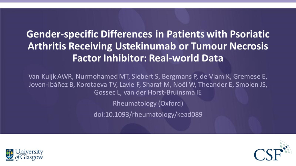 Publication thumbnail: Gender-specific Differences in Patients with Psoriatic Arthritis Receiving Ustekinumab or Tumour Necrosis Factor Inhibitor: Real-world Data