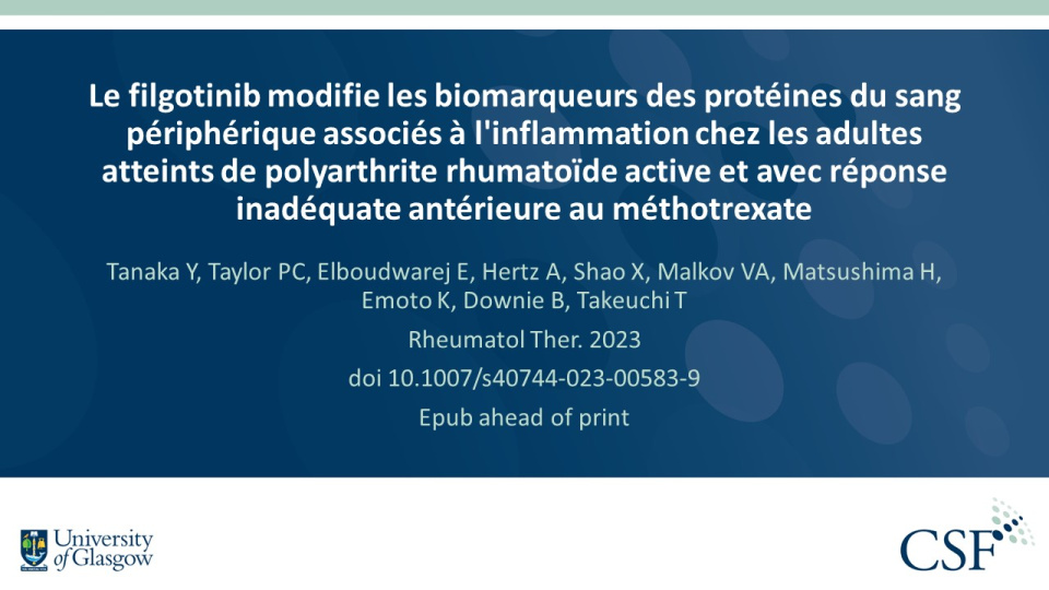 Publication thumbnail: Le filgotinib modifie les biomarqueurs des protéines du sang périphérique associés à l'inflammation chez les adultes atteints de polyarthrite rhumatoïde active et avec réponse inadéquate antérieure au méthotrexate