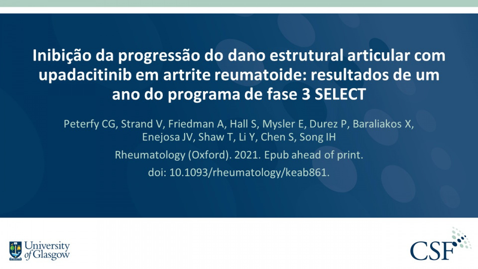 Publication thumbnail: Inibição da progressão do dano estrutural articular com upadacitinib em artrite reumatoide: resultados de um ano do programa de fase 3 SELECT