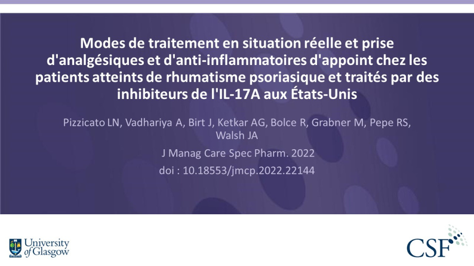 Publication thumbnail: Modes de traitement en situation réelle et prise d'analgésiques et d'anti-inflammatoires d'appoint chez les patients atteints de rhumatisme psoriasique et traités par des inhibiteurs de l'IL-17A aux États-Unis