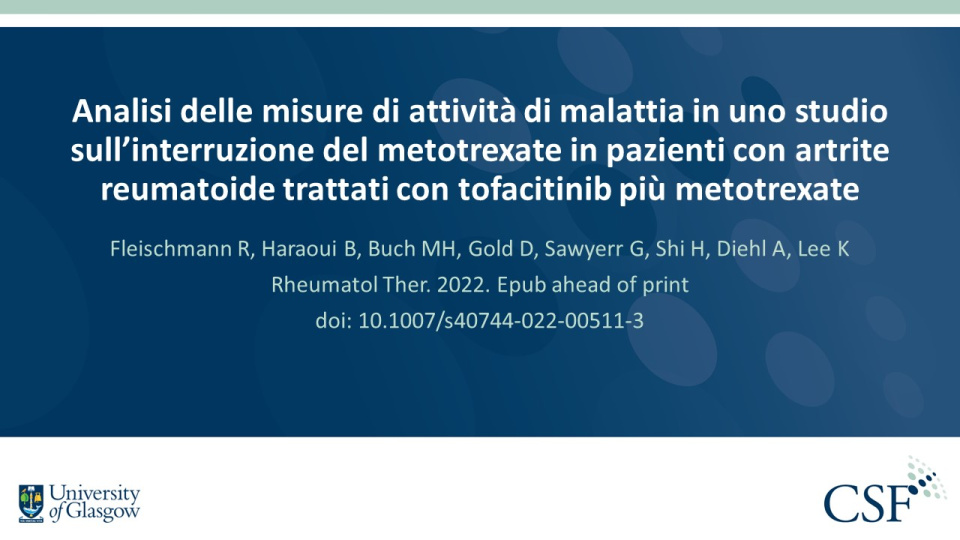 Publication thumbnail: Analisi delle misure di attività di malattia in uno studio sull’interruzione del metotrexate in pazienti con artrite reumatoide trattati con tofacitinib più metotrexate