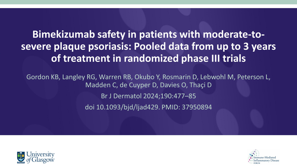 Publication thumbnail: Bimekizumab safety in patients with moderate-to-severe plaque psoriasis: pooled data from up to 3 years of treatment in randomized phase III trials