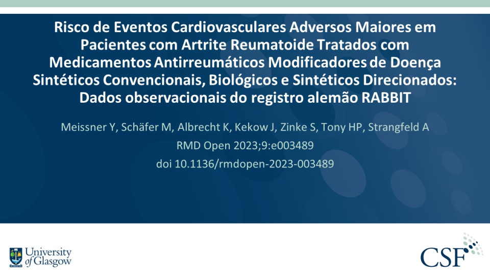 Publication thumbnail: Risco de Eventos Cardiovasculares Adversos Maiores em Pacientes com Artrite Reumatoide Tratados com Medicamentos Antirreumáticos Modificadores de Doença Sintéticos Convencionais, Biológicos e Sintéticos Direcionados: Dados observacionais do registro alemão RABBIT