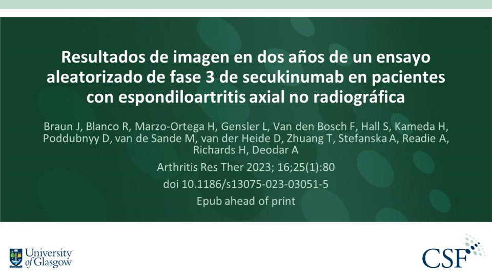 Publication thumbnail: Resultados de imagen en dos años de un ensayo aleatorizado de fase 3 de secukinumab en pacientes con espondiloartritis axial no radiográfica