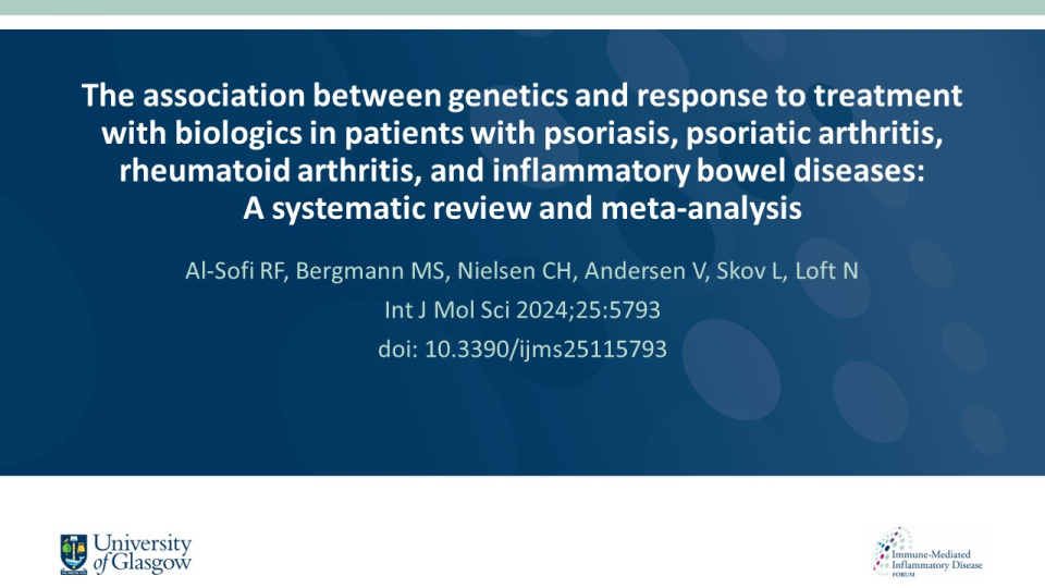 Publication thumbnail: The association between genetics and response to treatment with biologics in patients with psoriasis, psoriatic arthritis, rheumatoid arthritis, and inflammatory bowel diseases:  A systematic review and meta-analysis