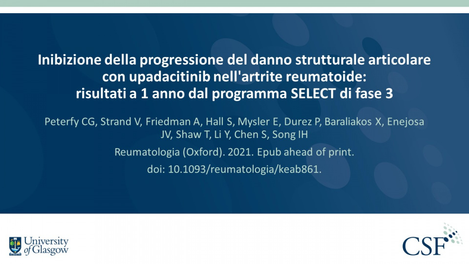 Publication thumbnail: Inibizione della progressione del danno strutturale articolare  con upadacitinib nell'artrite reumatoide:  risultati a 1 anno dal programma SELECT di fase 3