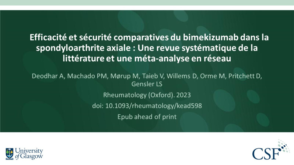 Publication thumbnail: Efficacité et sécurité comparatives du bimekizumab dans la spondyloarthrite axiale : Une revue systématique de la littérature et une méta-analyse en réseau