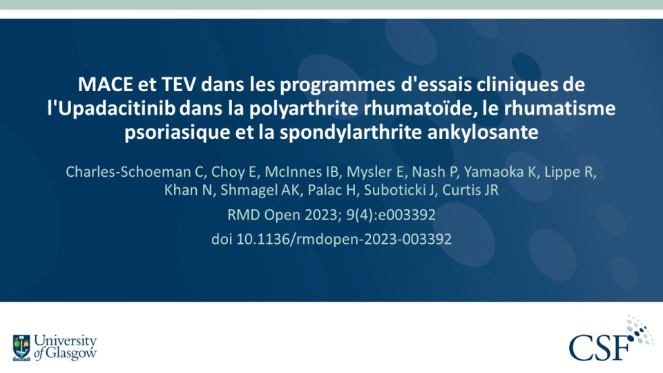 Publication thumbnail: MACE et TEV dans les programmes d'essais cliniques de l'Upadacitinib dans la polyarthrite rhumatoïde, le rhumatisme psoriasique et la spondylarthrite ankylosante