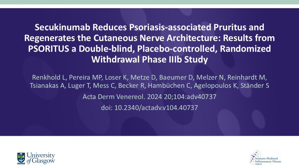 Publication thumbnail: Secukinumab Reduces Psoriasis-associated Pruritus and Regenerates the Cutaneous Nerve Architecture: Results from PSORITUS a Doubleblind, Placebo-controlled, Randomized Withdrawal Phase IIIb Study