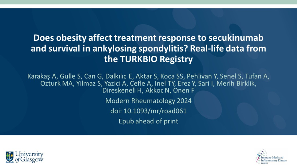Publication thumbnail: Does obesity affect treatment response to secukinumab and survival in ankylosing spondylitis? Real-life data from the TURKBIO Registry