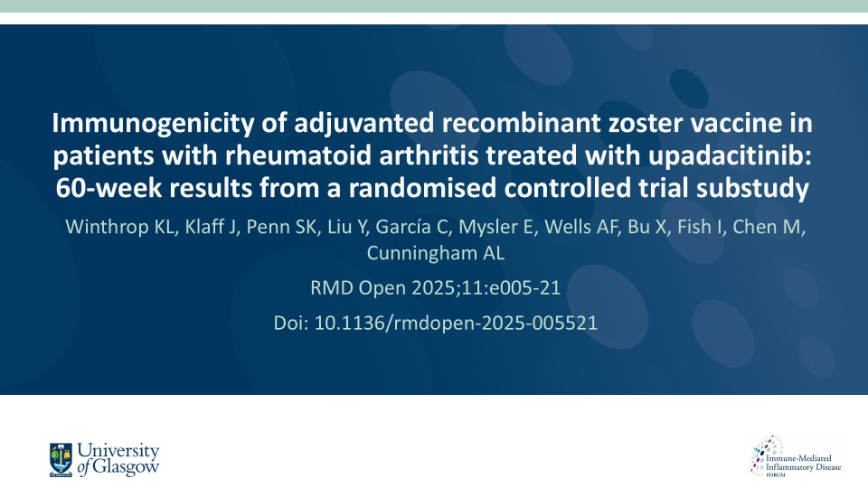 Publication thumbnail: Immunogenicity of adjuvanted recombinant zoster vaccine in patients with rheumatoid arthritis treated with upadacitinib: 60-week results from a randomised controlled trial substudy