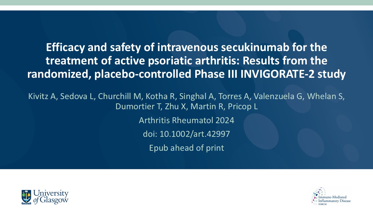 Publication thumbnail: Efficacy and safety of intravenous secukinumab for the treatment of active psoriatic arthritis: Results from the randomized, placebo-controlled Phase III INVIGORATE-2 study