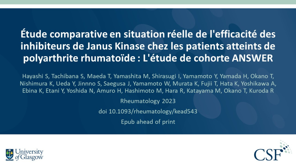 Publication thumbnail: Étude comparative en situation réelle de l'efficacité des inhibiteurs de Janus Kinase chez les patients atteints de polyarthrite rhumatoïde : L'étude de cohorte ANSWER