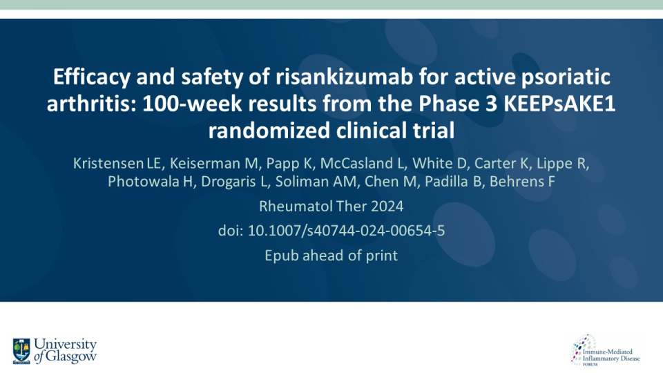 Publication thumbnail: Efficacy and safety of risankizumab for active psoriatic arthritis: 100-week results from the Phase 3 KEEPsAKE1 randomized clinical trial