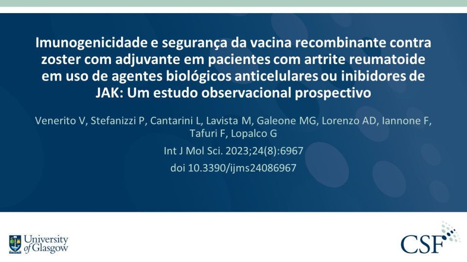 Publication thumbnail: Imunogenicidade e segurança da vacina recombinante contra zoster com adjuvante em pacientes com artrite reumatoide em uso de agentes biológicos anticelulares ou inibidores de JAK: Um estudo observacional prospectivo