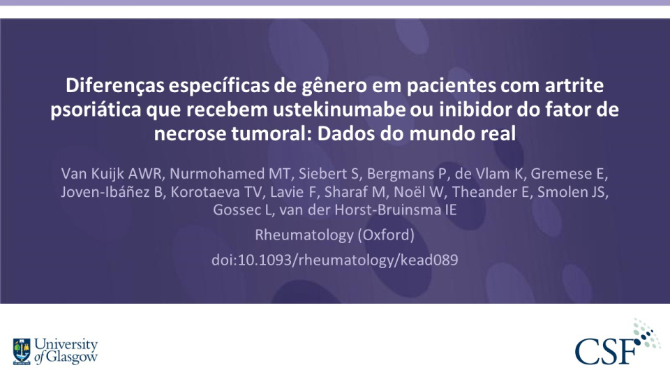 Publication thumbnail: Diferenças específicas de gênero em pacientes com artrite psoriática que recebem ustekinumabe ou inibidor do fator de necrose tumoral: Dados do mundo real