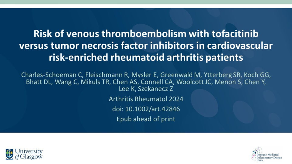 Publication thumbnail: Risk of venous thromboembolism with tofacitinib versus tumor necrosis factor inhibitors in cardiovascular risk-enriched rheumatoid arthritis patients