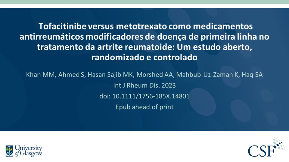 Publication thumbnail: Tofacitinibe versus metotrexato como medicamentos antirreumáticos modificadores de doença de primeira linha no tratamento da artrite reumatoide: Um estudo aberto, randomizado e controlado