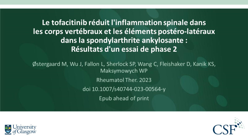 Publication thumbnail: Le tofacitinib réduit l'inflammation spinale dans les corps vertébraux et les éléments postéro-latéraux dans la spondylarthrite ankylosante : Résultats d'un essai de phase 2