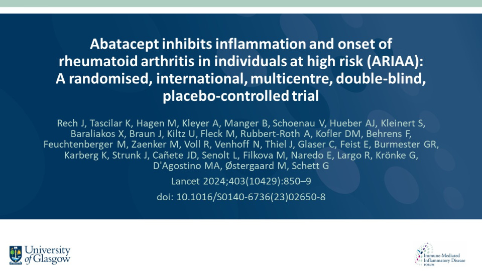 Publication thumbnail: Abatacept inhibits inflammation and onset of  rheumatoid arthritis in individuals at high risk (ARIAA):  A randomised, international, multicentre, double-blind, placebo-controlled trial