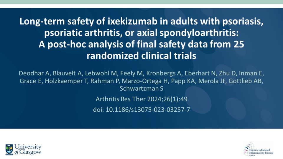 Publication thumbnail: Long term safety of ixekizumab in adults with psoriasis, psoriatic arthritis, or axial spondyloarthritis: A post hoc analysis of final safety data from 25 randomized clinical trials