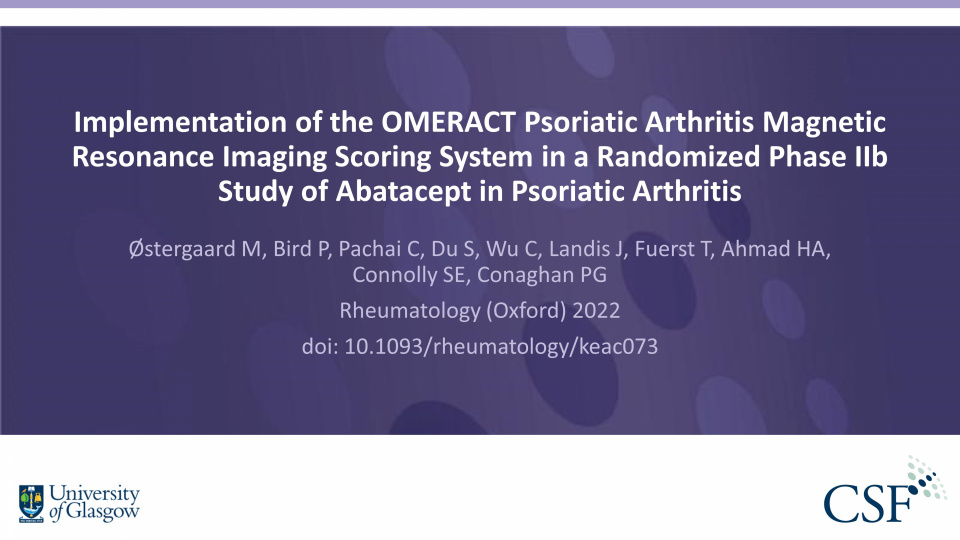 Publication thumbnail: Implementation of the OMERACT Psoriatic Arthritis Magnetic Resonance Imaging Scoring System in a Randomized Phase IIb Study of Abatacept in Psoriatic Arthritis