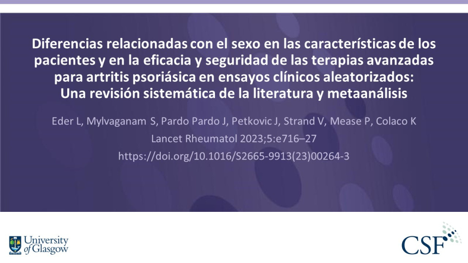 Publication thumbnail: Diferencias relacionadas con el sexo en las características de los pacientes y en la eficacia y seguridad de las terapias avanzadas para artritis psoriásica en ensayos clínicos aleatorizados:  Una revisión sistemática de la literatura y metaanálisis