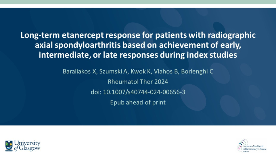 Publication thumbnail: Long-term etanercept response for patients with radiographic axial spondyloarthritis based on achievement of early, intermediate, or late responses during index studies