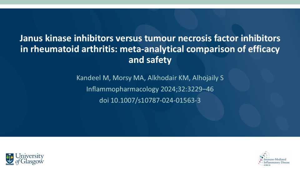 Publication thumbnail: Janus kinase inhibitors versus tumour necrosis factor inhibitors in rheumatoid arthritis: meta-analytical comparison of efficacy and safety