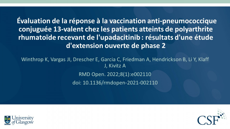 Publication thumbnail: Évaluation de la réponse à la vaccination anti-pneumococcique conjuguée 13-valent chez les patients atteints de polyarthrite rhumatoïde recevant de l'upadacitinib : résultats d'une étude d'extension ouverte de phase 2