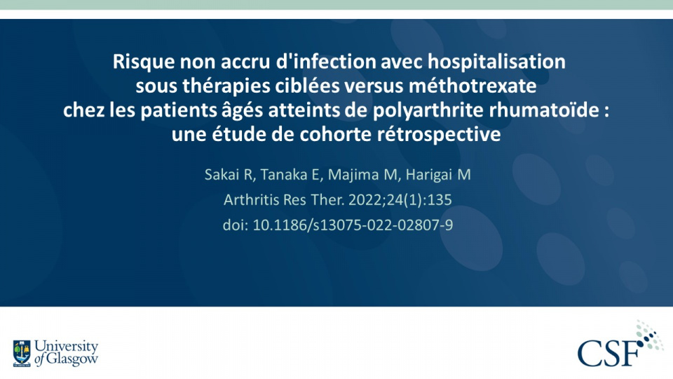 Publication thumbnail: Risque non accru d'infection avec hospitalisation sous thérapies ciblées versus méthotrexate chez les patients âgés atteints de polyarthrite rhumatoïde : une étude de cohorte rétrospective