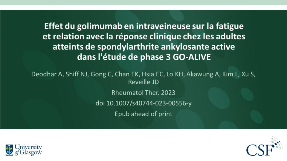 Publication thumbnail: Effet du golimumab en intraveineuse sur la fatigue et relation avec la réponse clinique chez les adultes atteints de spondylarthrite ankylosante active dans l'étude de phase 3 GO-ALIVE