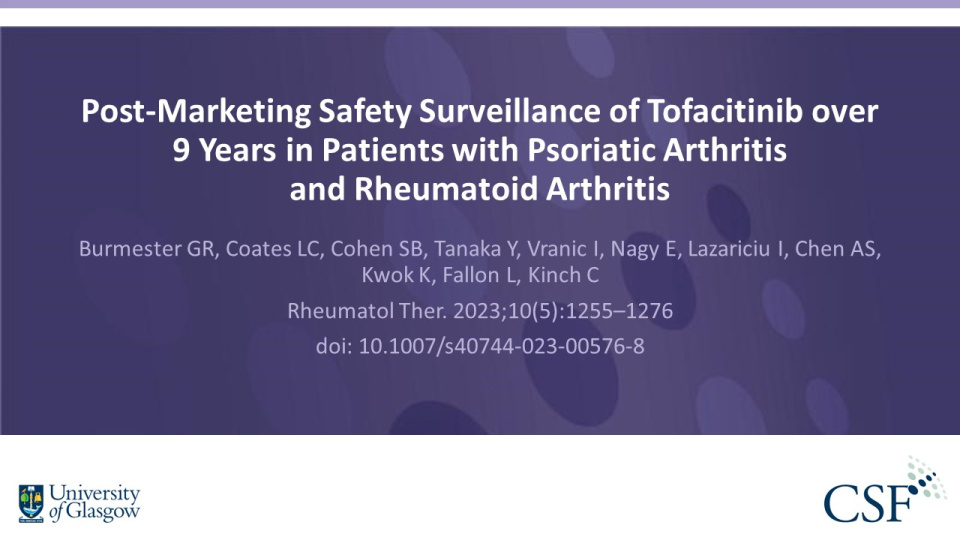 Publication thumbnail: Post-Marketing Safety Surveillance of Tofacitinib over  9 Years in Patients with Psoriatic Arthritis  and Rheumatoid Arthritis