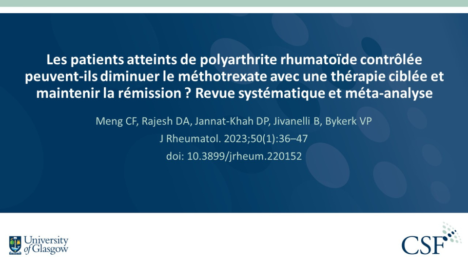 Publication thumbnail: Les patients atteints de polyarthrite rhumatoïde contrôlée peuvent-ils diminuer le méthotrexate avec une thérapie ciblée et maintenir la rémission ? Revue systématique et méta-analyse