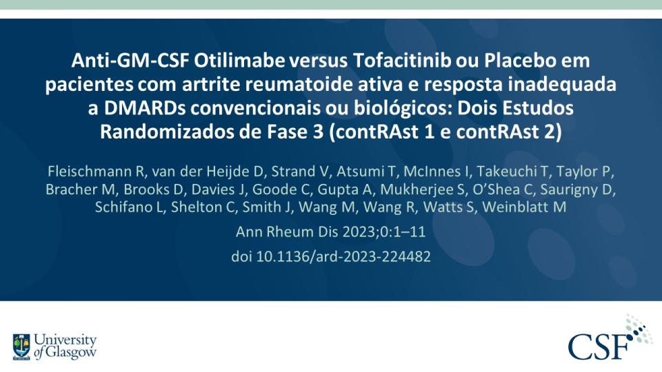 Publication thumbnail: Anti-GM-CSF Otilimabe versus Tofacitinib ou Placebo em pacientes com artrite reumatoide ativa e resposta inadequada a DMARDs convencionais ou biológicos: Dois Estudos Randomizados de Fase 3 (contRAst 1 e contRAst 2)