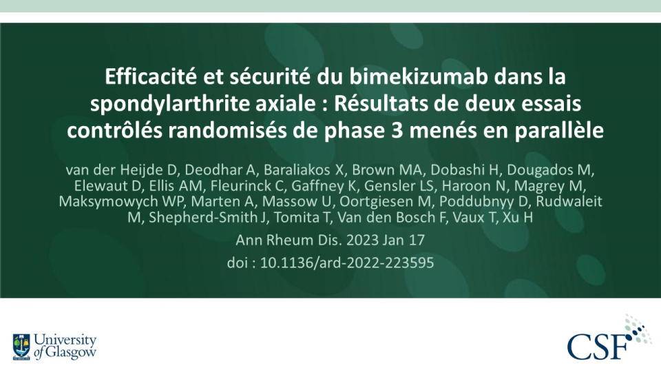 Publication thumbnail: Efficacité et sécurité du bimekizumab dans la spondylarthrite axiale : Résultats de deux essais contrôlés randomisés de phase 3 menés en parallèle