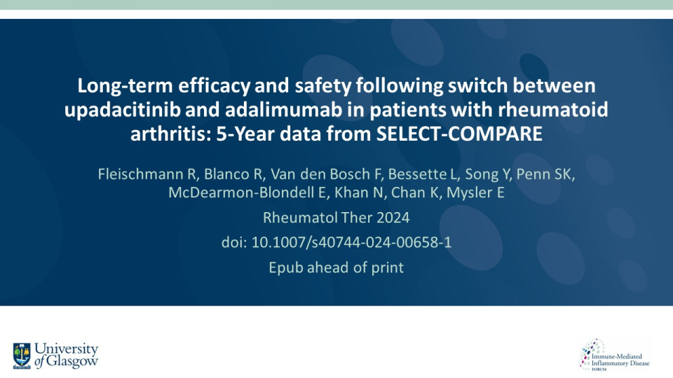 Publication thumbnail: Long-term efficacy and safety following switch between upadacitinib and adalimumab in patients with rheumatoid arthritis: 5-Year data from SELECT-COMPARE