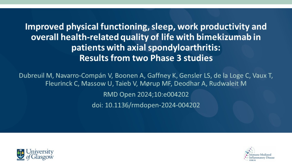 Publication thumbnail: Improved physical functioning, sleep, work productivity and overall health-related quality of life with bimekizumab in patients with axial spondyloarthritis: Results from two Phase 3 studies