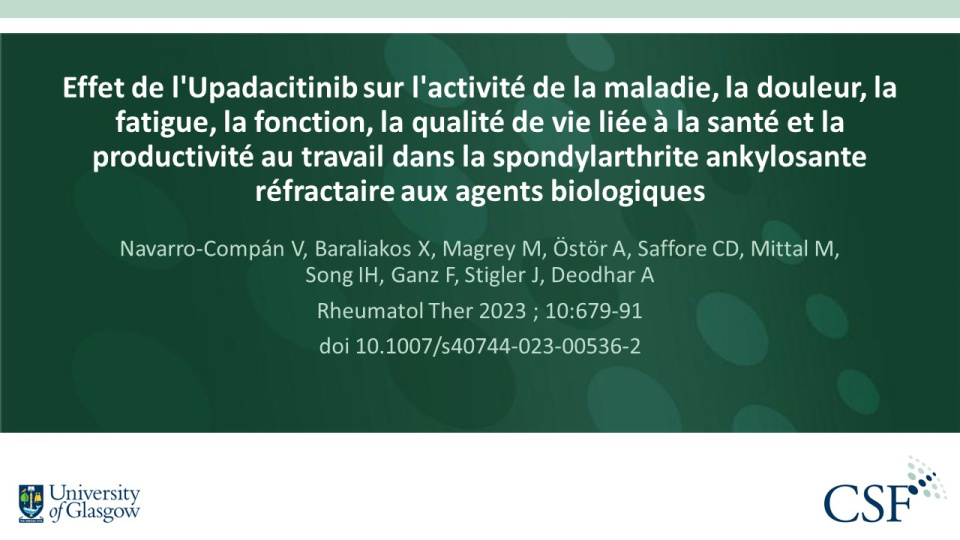 Publication thumbnail: Effet de l'Upadacitinib sur l'activité de la maladie, la douleur, la fatigue, la fonction, la qualité de vie liée à la santé et la productivité au travail dans la spondylarthrite ankylosante réfractaire aux agents biologiques