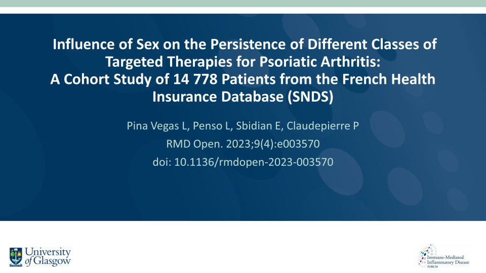 Publication thumbnail: Influence of Sex on the Persistence of Different Classes of Targeted Therapies for Psoriatic Arthritis: A Cohort Study of 14 778 Patients from the French Health Insurance Database (SNDS)