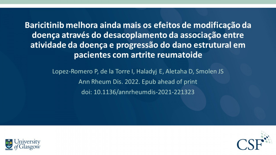 Publication thumbnail: Baricitinib melhora ainda mais os efeitos de modificação da doença através do desacoplamento da associação entre atividade da doença e progressão do dano estrutural em pacientes com artrite reumatoide