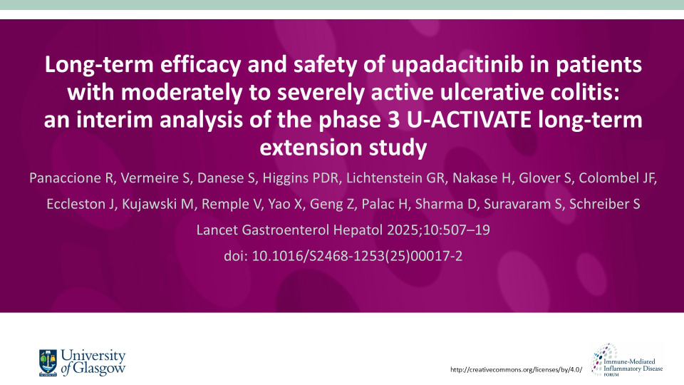 Publication thumbnail: Long-term efficacy and safety of upadacitinib in patients with moderately to severely active ulcerative colitis: an interim analysis of the phase 3 U-ACTIVATE long-term extension study