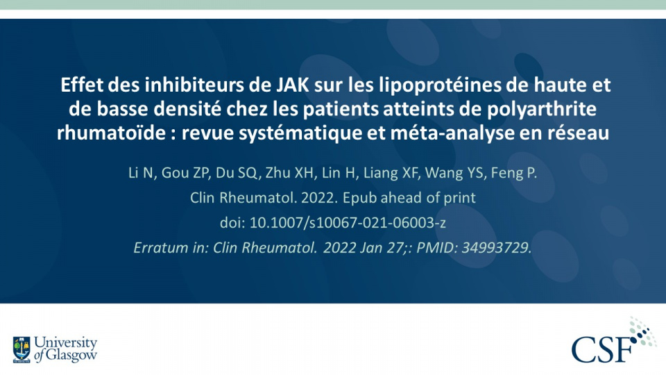 Publication thumbnail: Effet des inhibiteurs de JAK sur les lipoprotéines de haute et de basse densité chez les patients atteints de polyarthrite rhumatoïde : revue systématique et méta-analyse en réseau