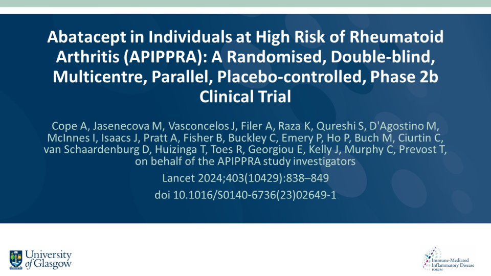 Publication thumbnail: Abatacept in Individuals at High Risk of Rheumatoid Arthritis (APIPPRA): A Randomised, Double-blind, Multicentre, Parallel, Placebo-controlled, Phase 2b Clinical Trial