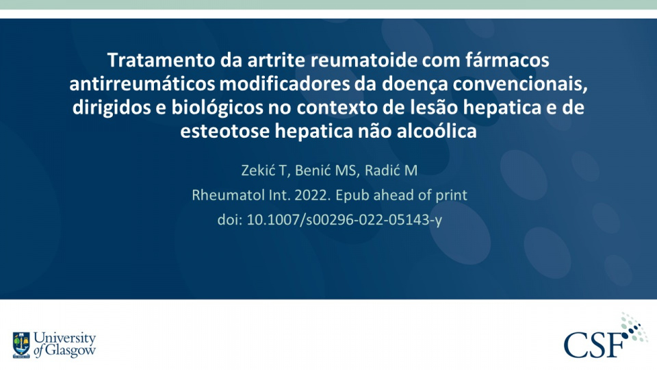 Publication thumbnail: Tratamento da artrite reumatoide com fármacos antirreumáticos modificadores da doença convencionais, dirigidos e biológicos no contexto de lesão hepatica e de esteotose hepatica não alcoólica