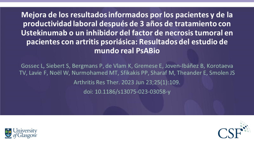 Publication thumbnail: Mejora de los resultados informados por los pacientes y de la  productividad laboral después de 3 años de tratamiento con Ustekinumab o un inhibidor del factor de necrosis tumoral en pacientes con artritis psoriásica: Resultados del estudio de mundo real PsABio