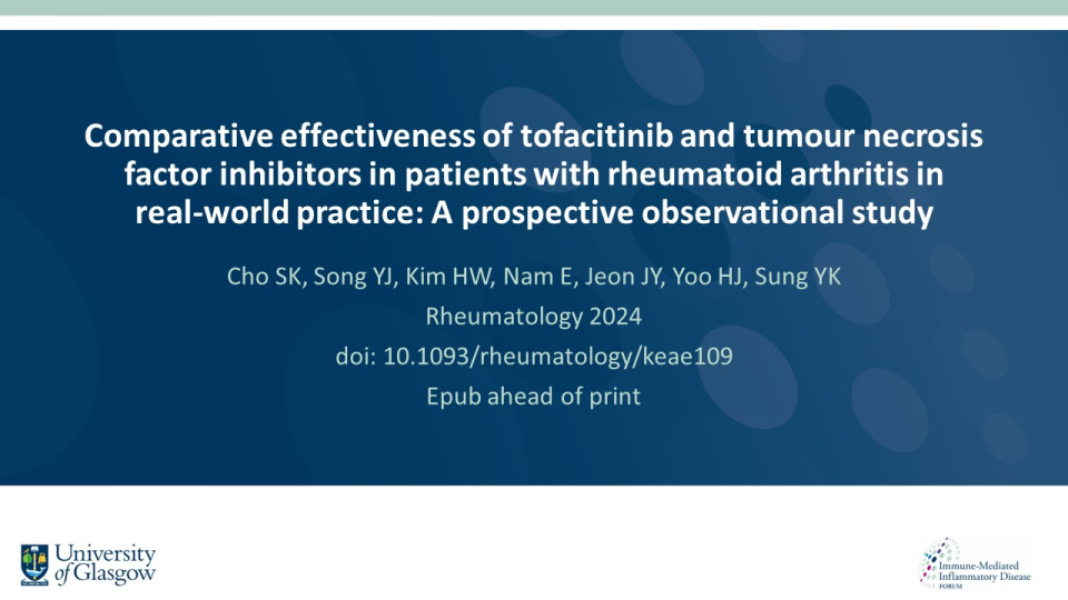 Publication thumbnail: Comparative Effectiveness of Tofacitinib and Tumour Necrosis Factor Inhibitors in Patients with Rheumatoid Arthritis in  Real-world Practice: A Prospective Observational Study