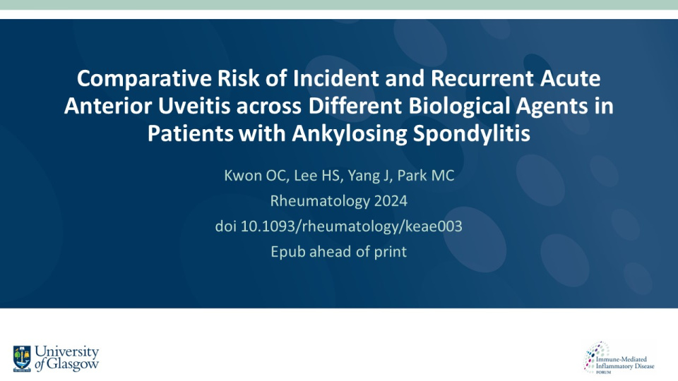 Publication thumbnail: Comparative Risk of Incident and Recurrent Acute Anterior Uveitis across Different Biological Agents in Patients with Ankylosing Spondylitis
