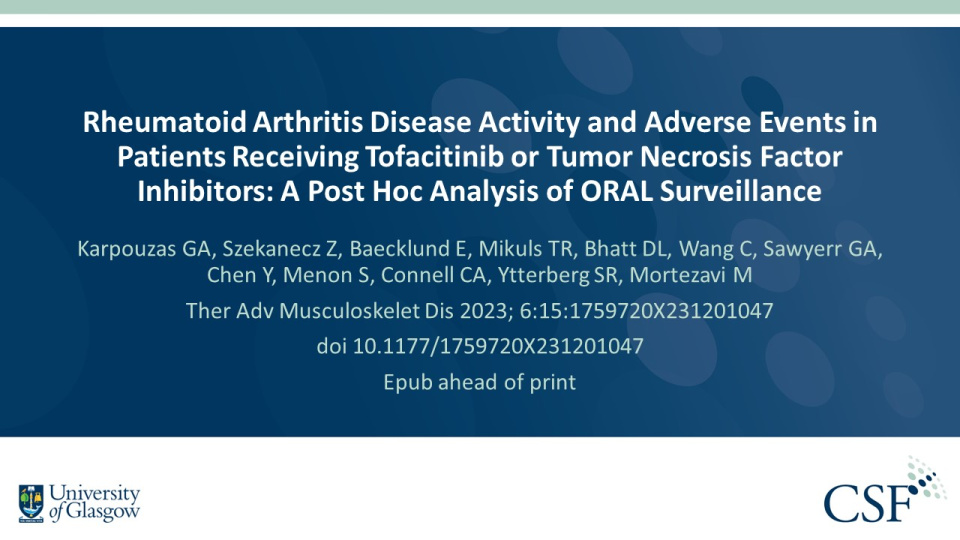 Publication thumbnail: Rheumatoid Arthritis Disease Activity and Adverse Events in Patients Receiving Tofacitinib or Tumor Necrosis Factor Inhibitors: A Post Hoc Analysis of ORAL Surveillance